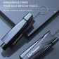 Black emergency safety hammer with keychain, window breaker tip, belt cutter notch