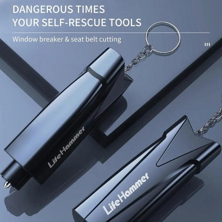 Black emergency safety hammer with keychain, window breaker tip, belt cutter notch