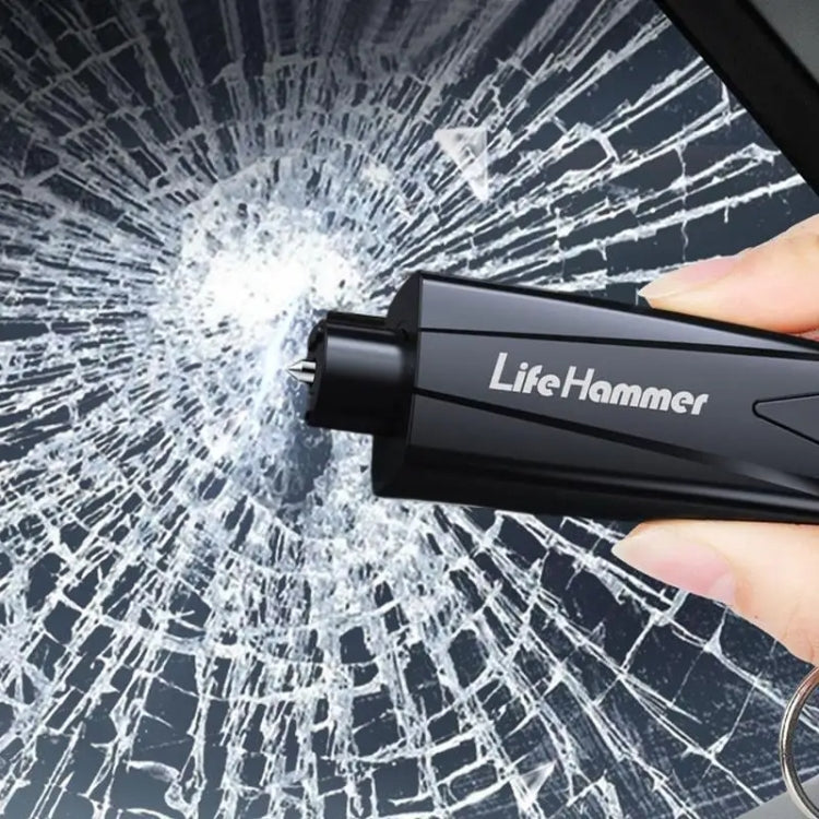 Black LifeHammer emergency window breaker with handle and keyring loop