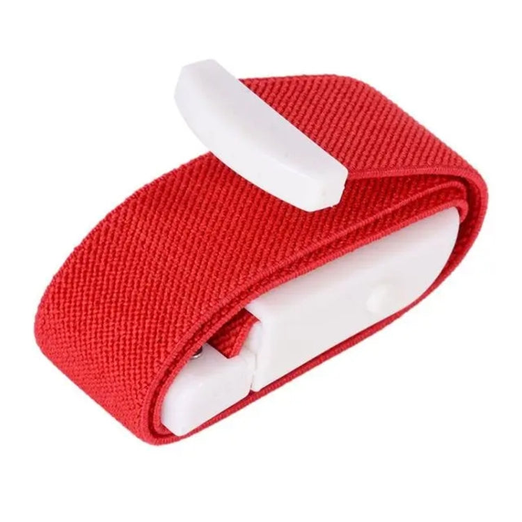 Red elastic snap tourniquet band with white buckle clip and looped end.