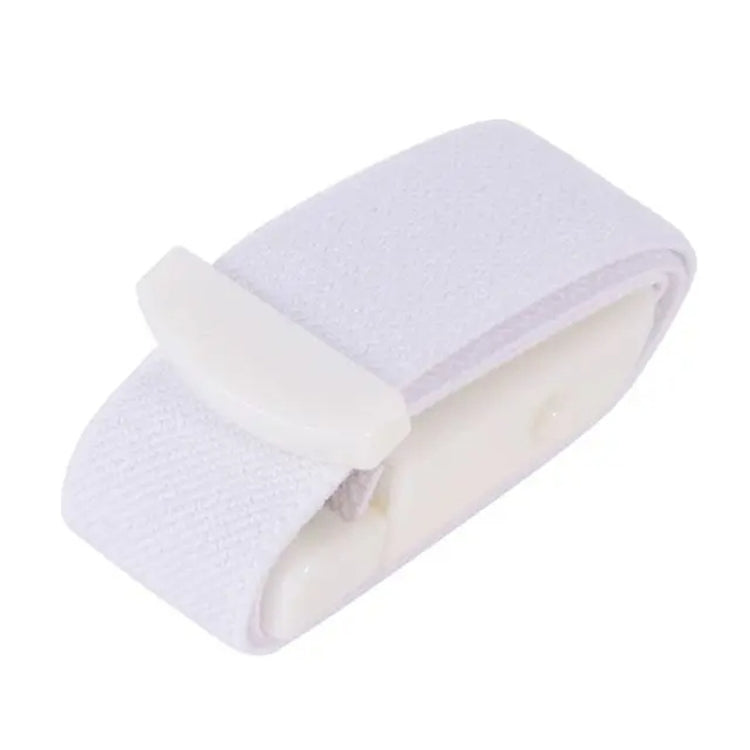 White elastic snap tourniquet band with white buckle clip and looped end.