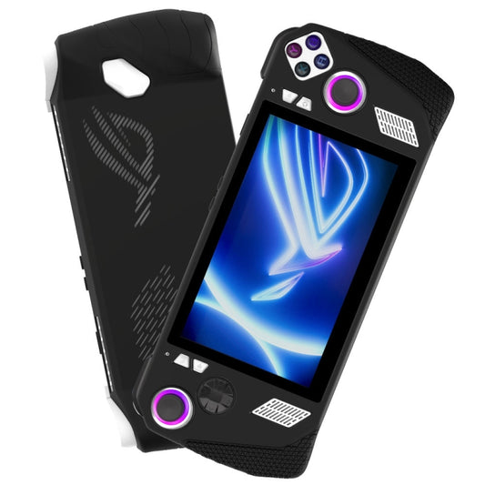 Black silicone protective case with textured grip and purple button accents for handheld game console