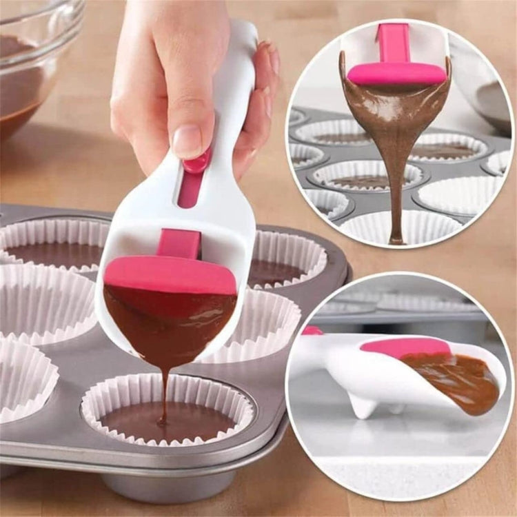 Cupcake batter scoop spoon filling liners with brown batter, white and pink