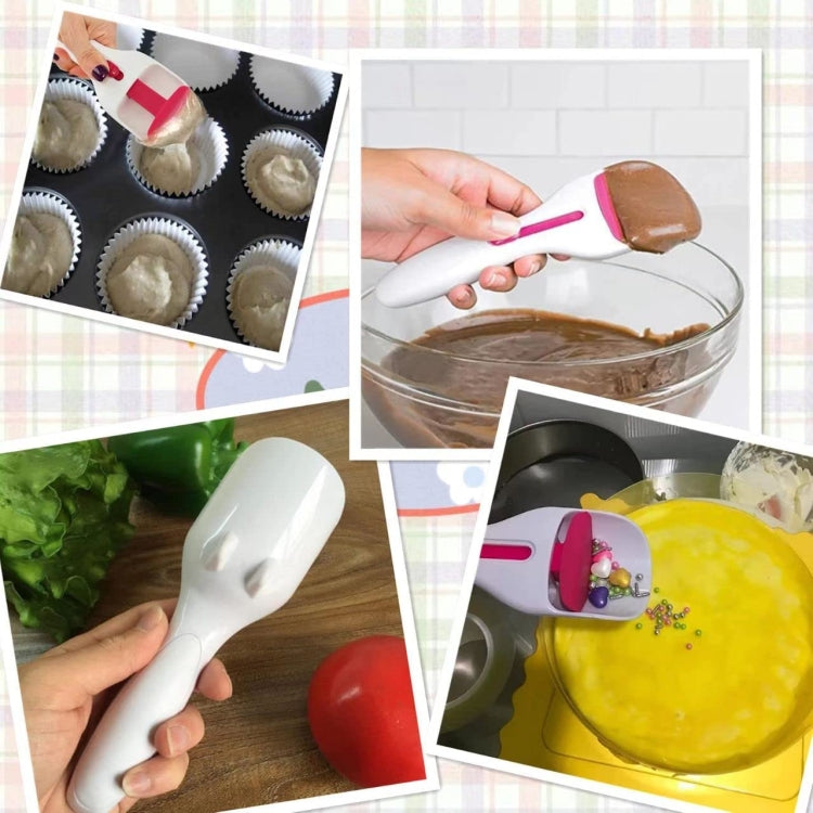 Cupcake batter scoop spoon with white body and pink silicone head