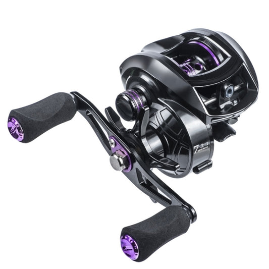 Black baitcasting fishing reel with purple accents, twin EVA handle grips