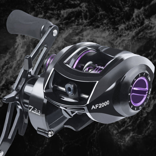 Baitcasting reel close-up with AF2000 label and purple spool, angled side view