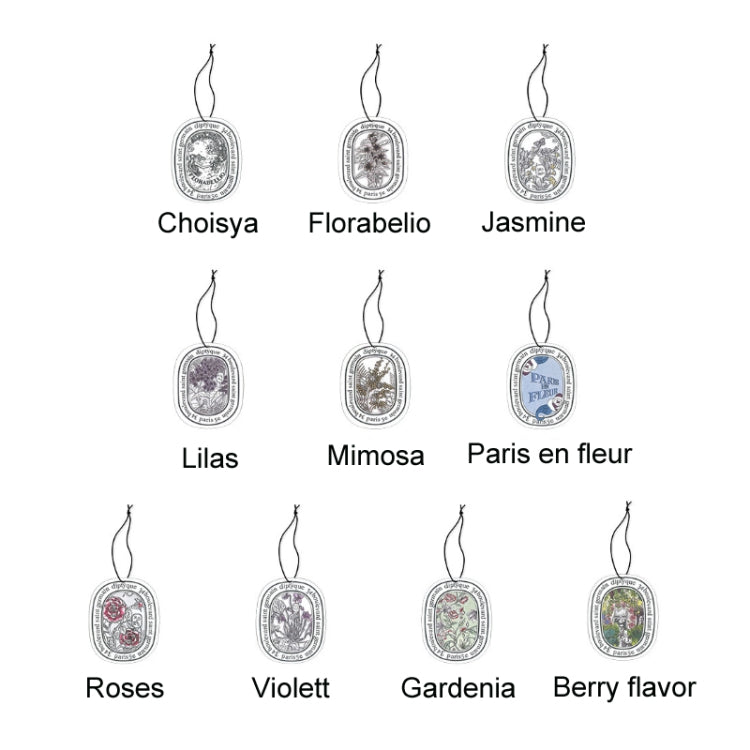Set of hanging car fragrance tablet cards with circular labels and scent names.