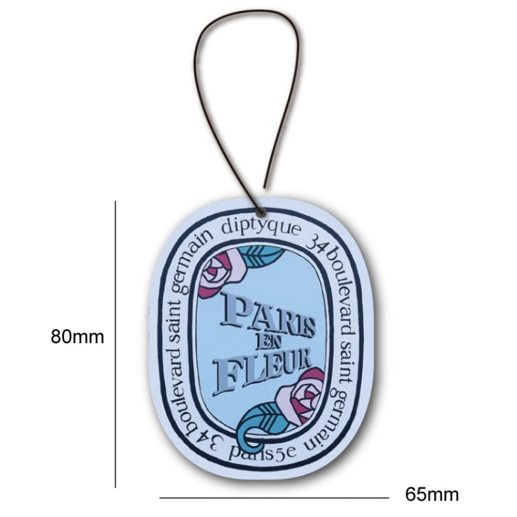 Hanging car fragrance tablet card with 'Paris en fleur' blue design, 80mm x 65mm.