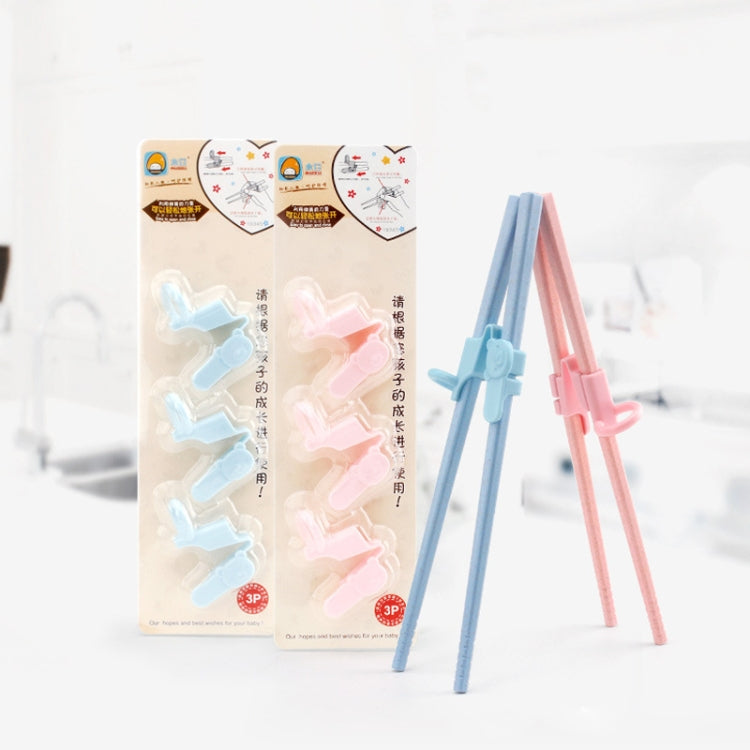 3-pack children’s chopstick grip correctors in blue and pink, with practice chopsticks