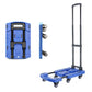 Blue folding hand trolley with telescoping handle and four caster wheels