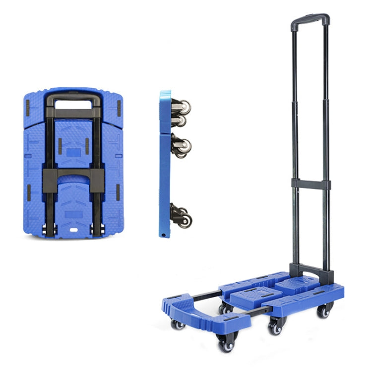 Blue folding hand trolley with telescoping handle and four caster wheels