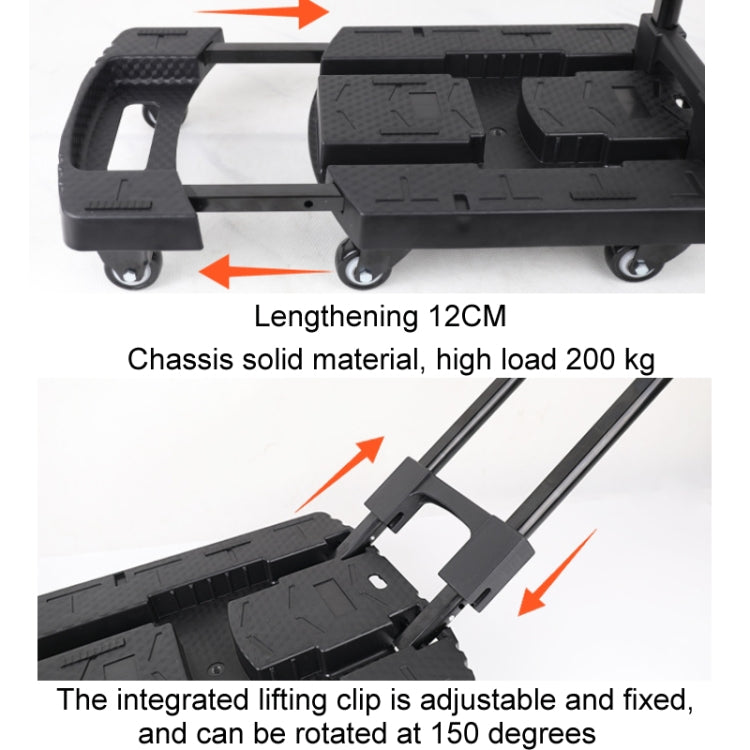 Black folding hand trolley base with extended chassis section and caster wheels