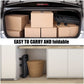 Folding hand trolley packed in a car trunk with stacked cardboard boxes