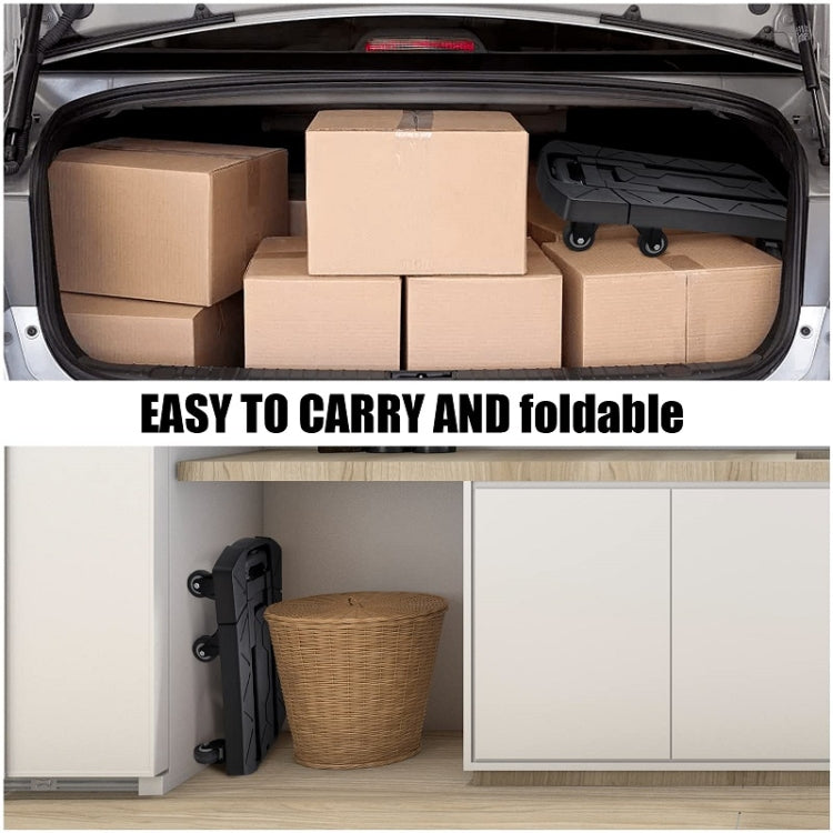 Folding hand trolley packed in a car trunk with stacked cardboard boxes