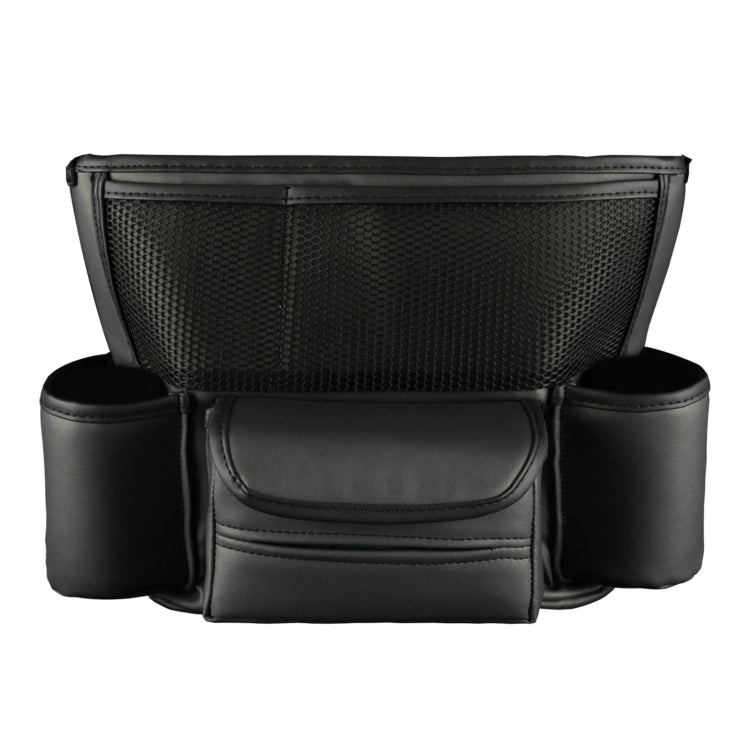 Black mesh car armrest storage organizer with central lidded pocket and side cup holders