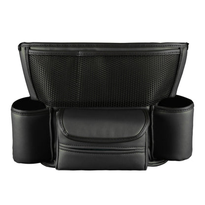 Black mesh car armrest storage organizer with central lidded pocket and side cup holders