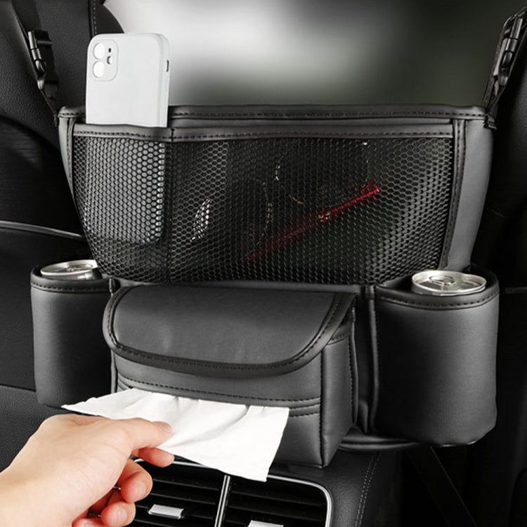 Black car armrest storage bag with phone pocket, front mesh panel, and two cup holders