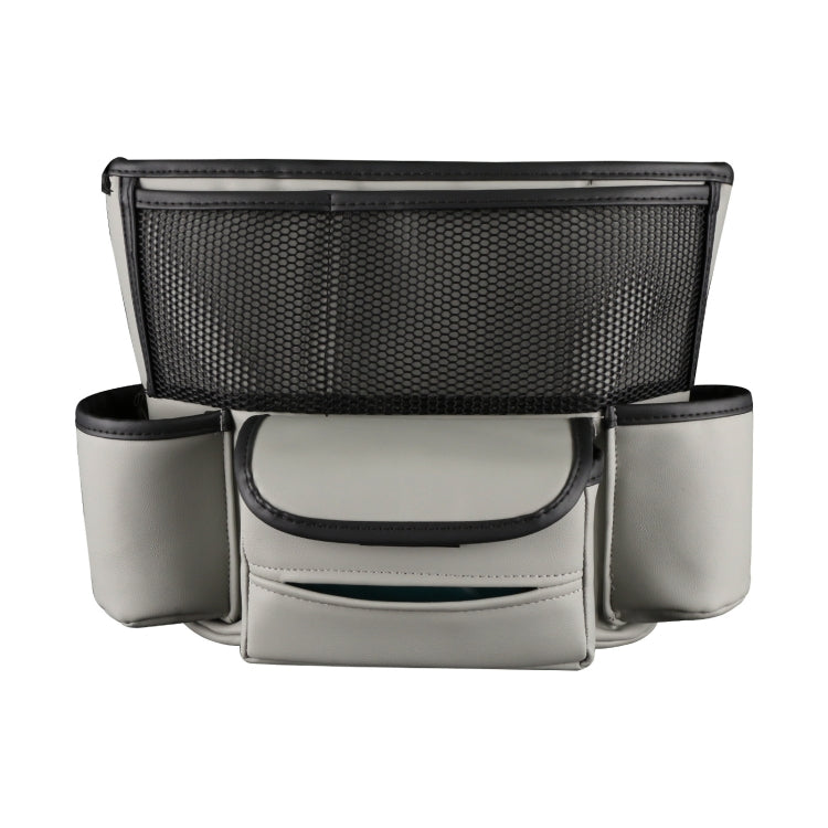 Light grey car armrest storage organizer with central lidded pocket and two side holders