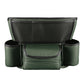 Green car armrest storage organizer with central lidded pocket and two side cup holders