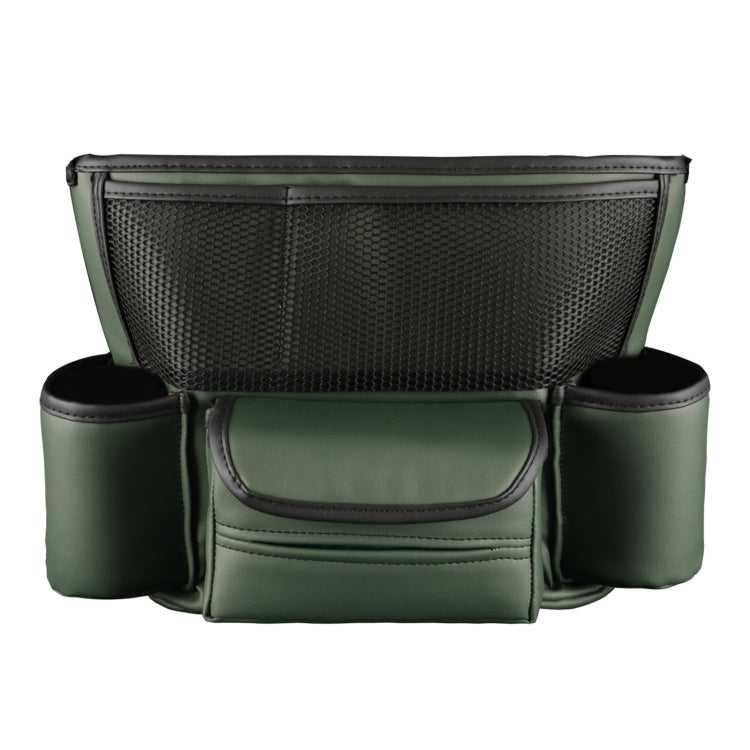 Green car armrest storage organizer with central lidded pocket and two side cup holders
