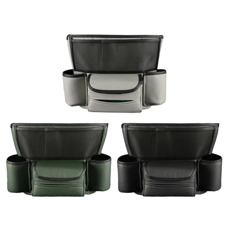 Car armrest storage organizer in green, grey, and black with central lidded pocket