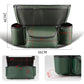 Green car armrest storage bag with mesh top, front flap pocket, and side cup holders