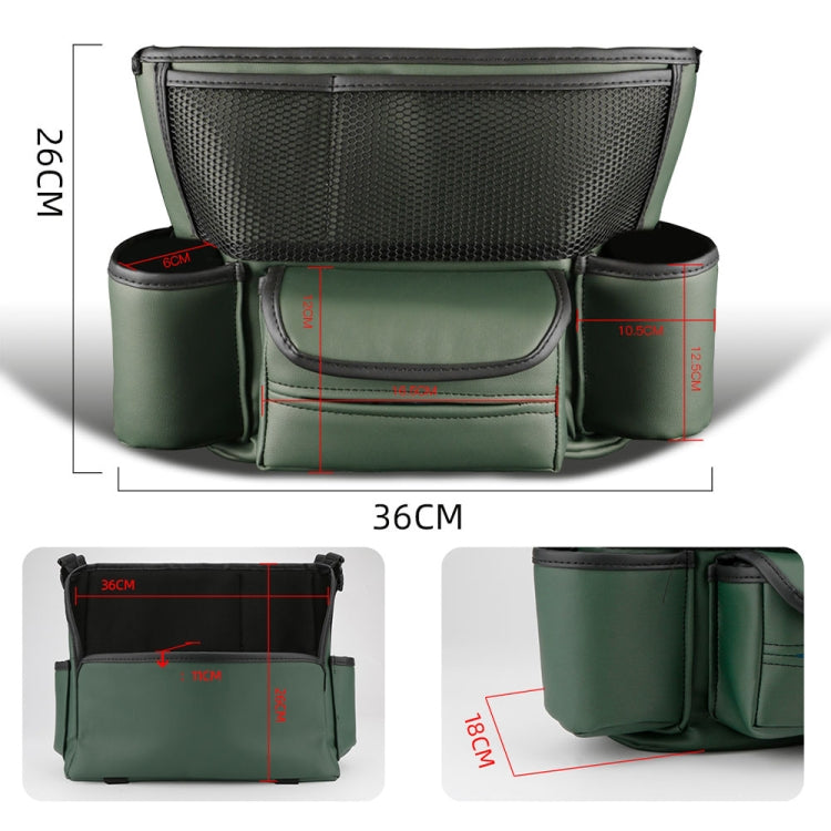 Green car armrest storage bag with mesh top, front flap pocket, and side cup holders