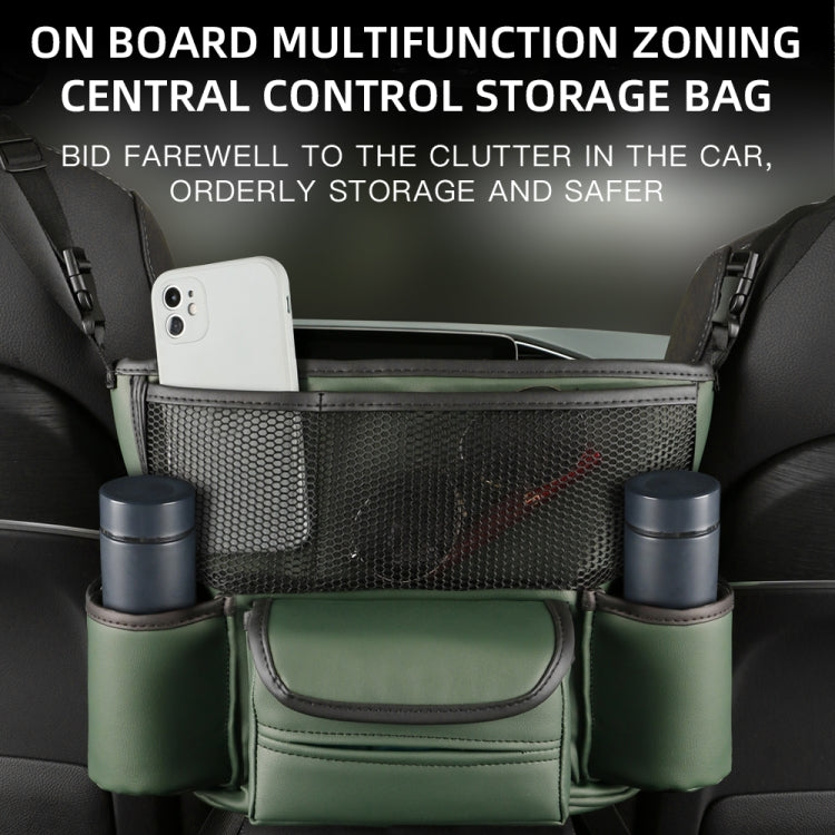 Green car armrest storage organizer with mesh panel, phone compartment, and side cup holders