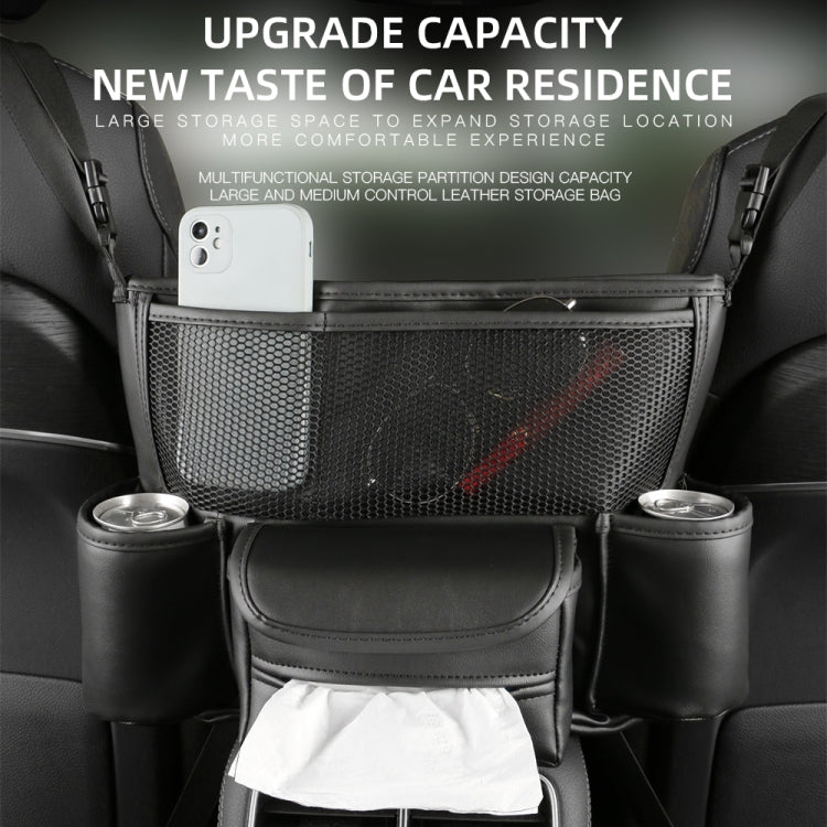 Black car armrest storage organizer with mesh panel, front flap pocket, and two cup holders