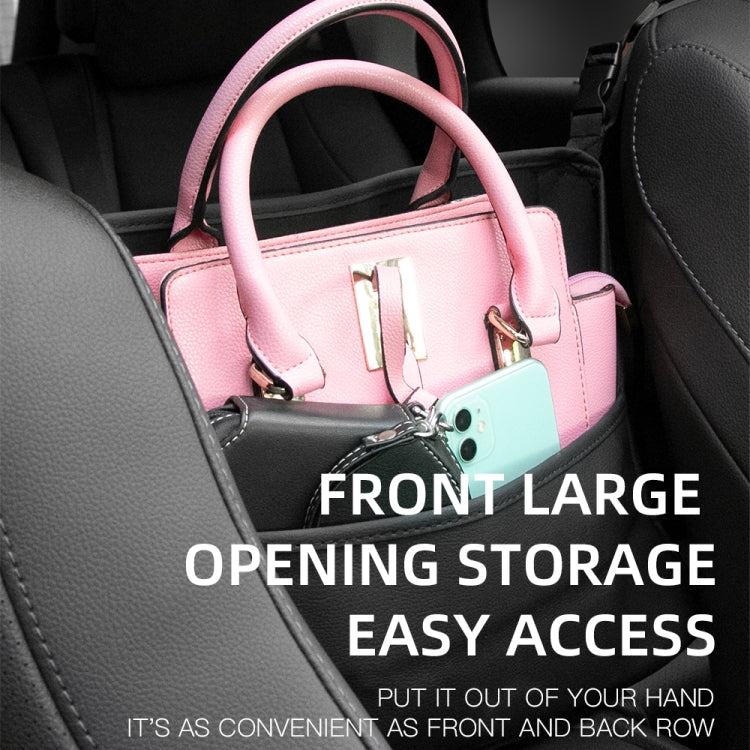 Pink car seat front opening storage pocket with hanging bag and phone accessory