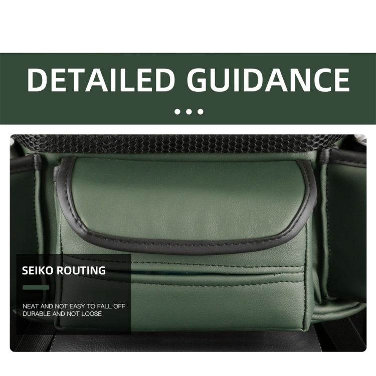 Green lidded armrest storage pocket with curved front flap and stitched edge detail