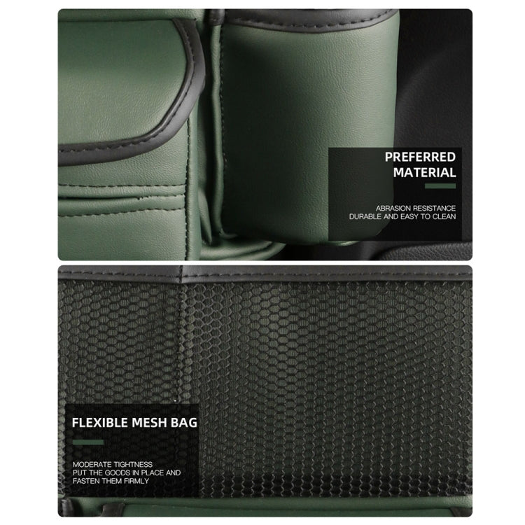 Green car armrest storage bag with flexible mesh panel and padded edges