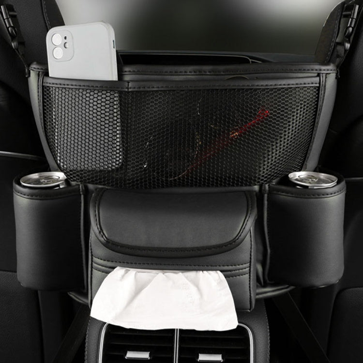 Car armrest organizer with phone pocket, mesh insert, and side drink holders