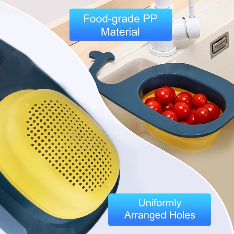 Blue whale-shaped draining basket with perforated yellow insert and food inside
