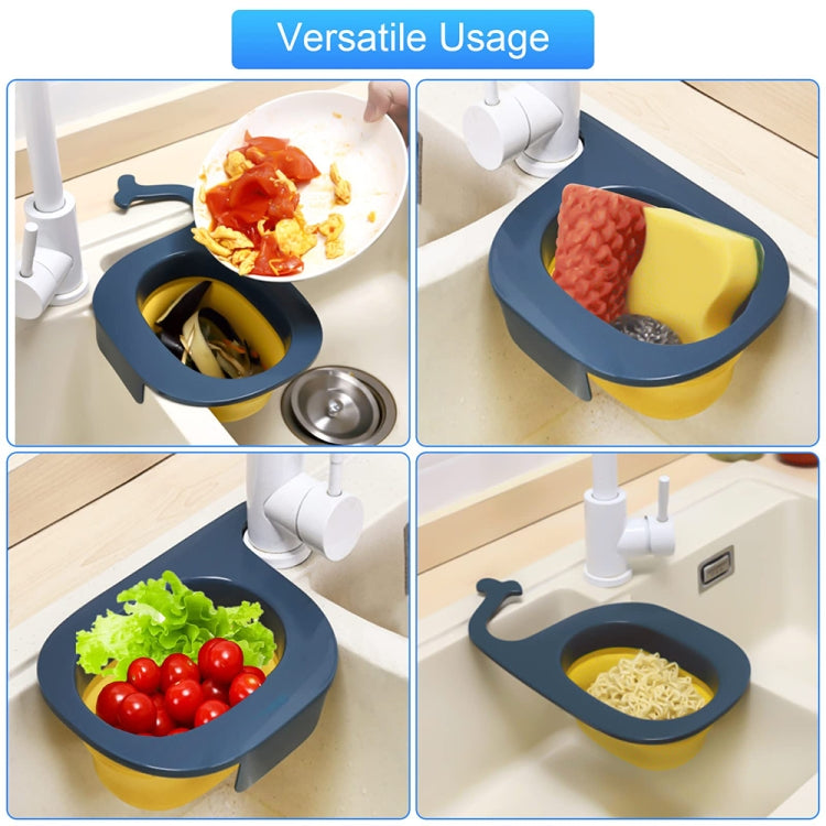Blue whale-shaped foldable draining basket with yellow perforated insert for rinsing