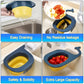Blue whale-shaped foldable draining basket pouring water into yellow strainer