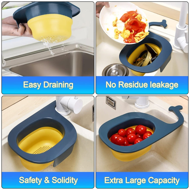 Blue whale-shaped foldable draining basket pouring water into yellow strainer