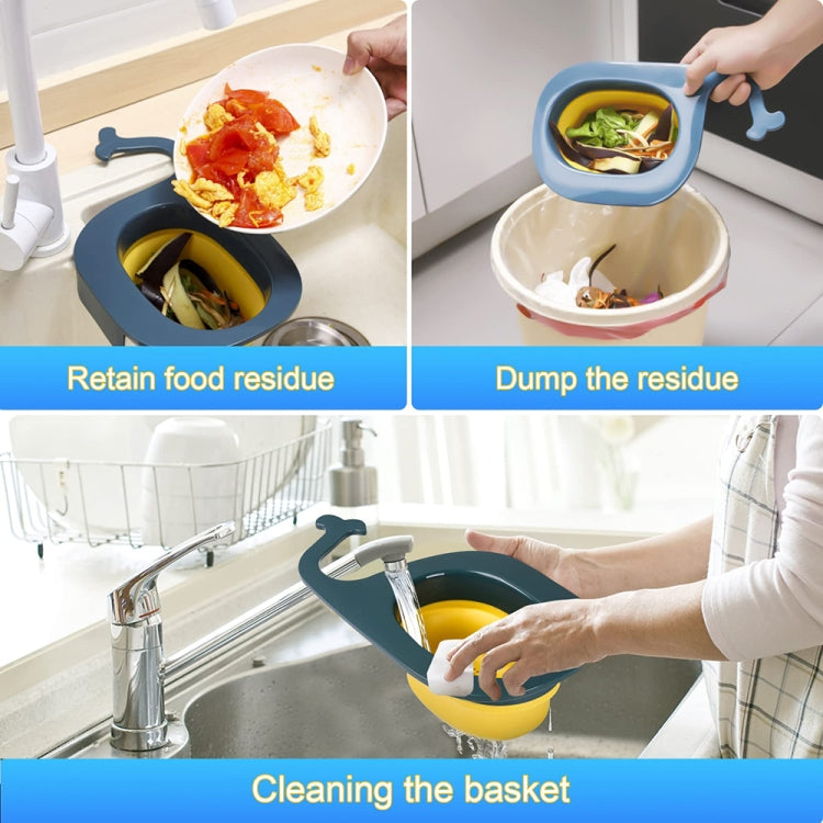 Blue whale-shaped foldable draining basket in sink for draining food residue