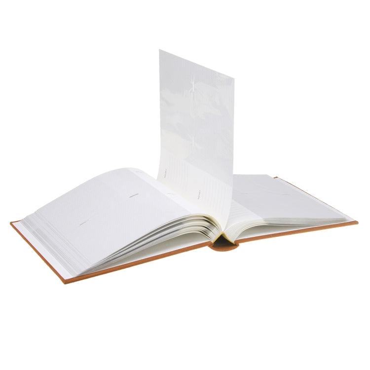 Open photo album insert book with multiple blank white pages and brown inner edge