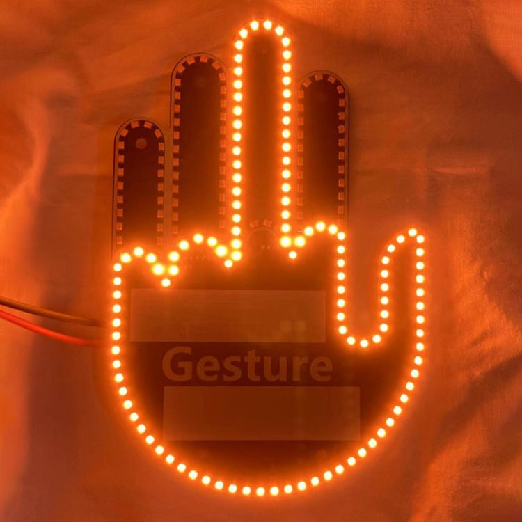 Glowing amber LED hand-gesture warning light with dotted finger outlines
