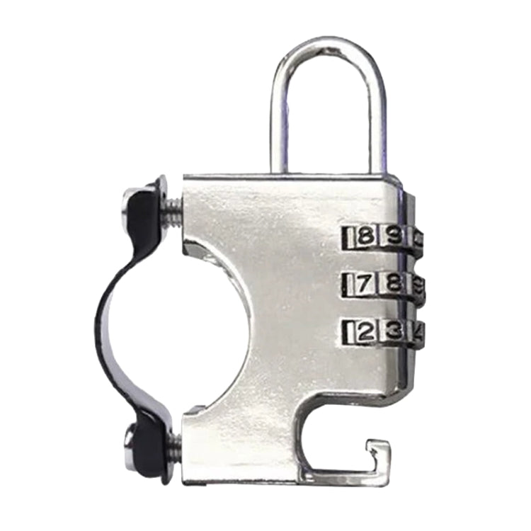 Silver combination padlock with numbered dials and U-shaped shackle for helmet anti-theft