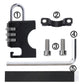 Black padlock body with numbered dials, U shackle, and included mounting screws