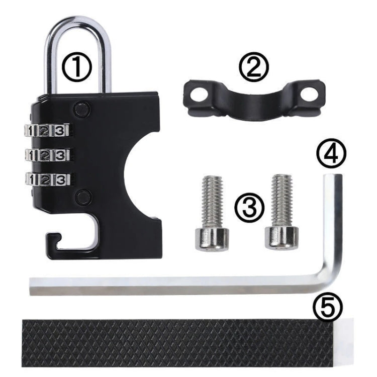 Black padlock body with numbered dials, U shackle, and included mounting screws