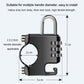 Black combination padlock on mounting bracket with numbered dials and U shackle
