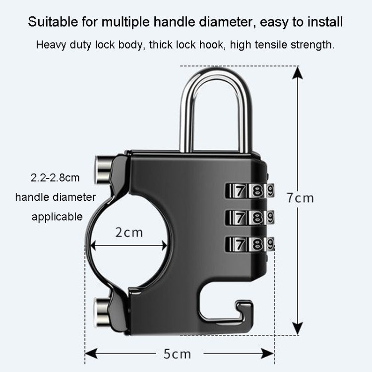 Black combination padlock on mounting bracket with numbered dials and U shackle