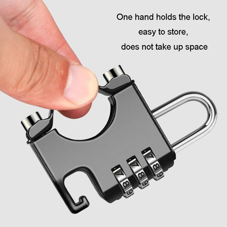 Black combination padlock with numbered dials and U shackle held by fingers