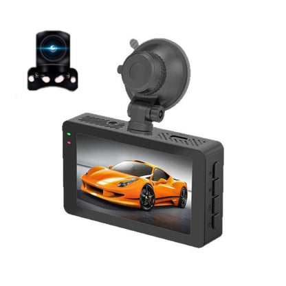 Black dual-lens car dashcam with 3-inch screen and rear camera mount stand