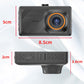 Black dashcam front unit with front lens and rear ports, shown with size outline