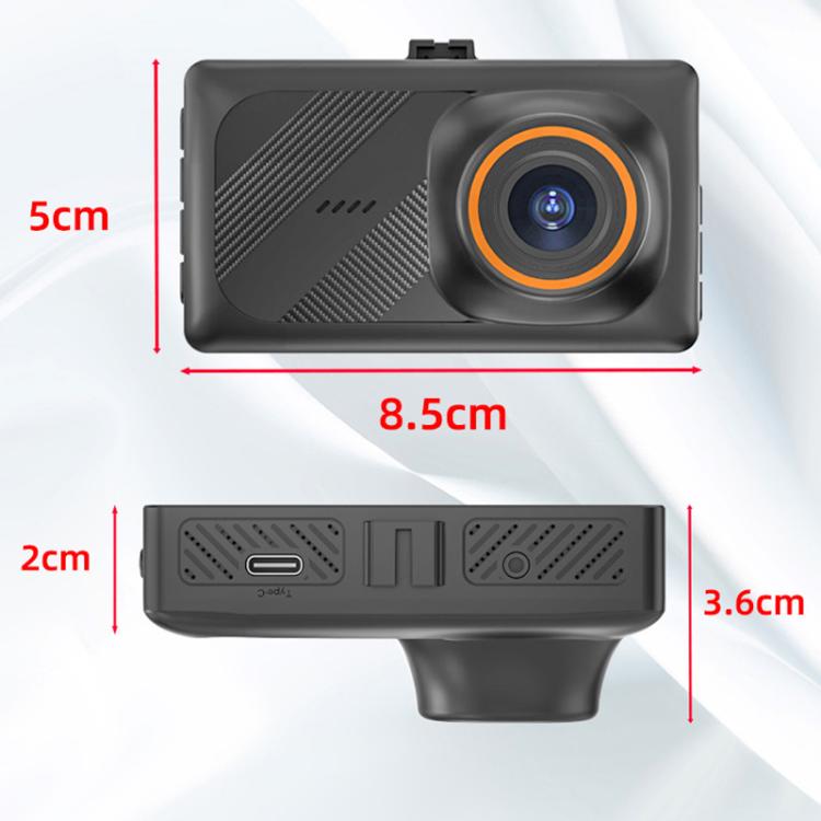 Black dashcam front unit with front lens and rear ports, shown with size outline