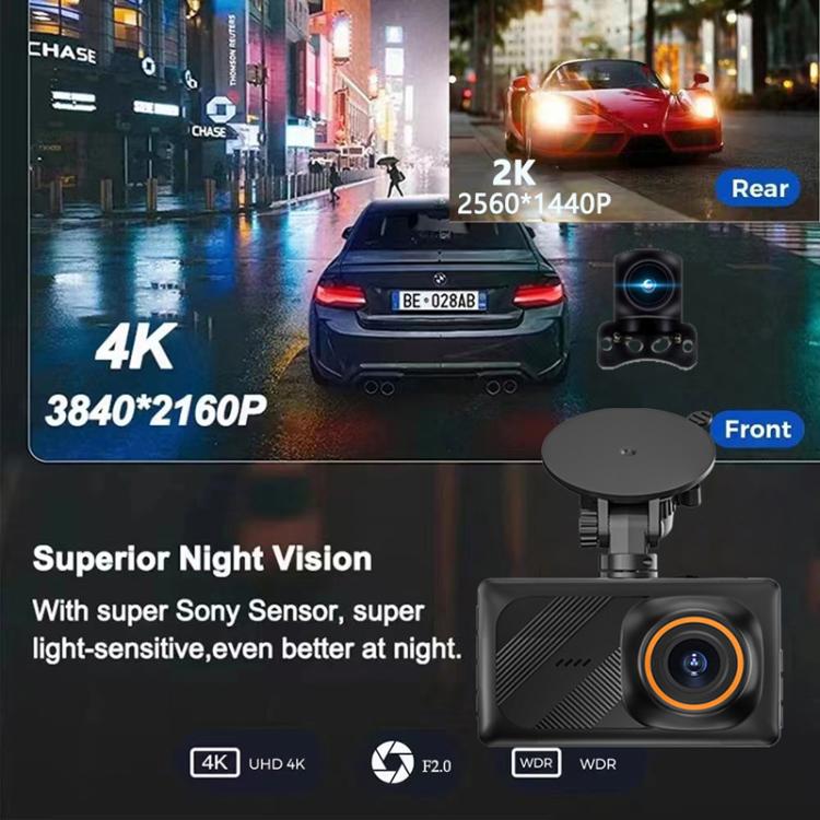 Front and rear dashcams with orange-ring lens and on-screen 4K/2K indicators